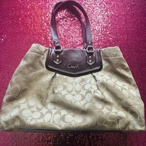 Coach Tan and Brown Shoulder Bag with Signature Monogram